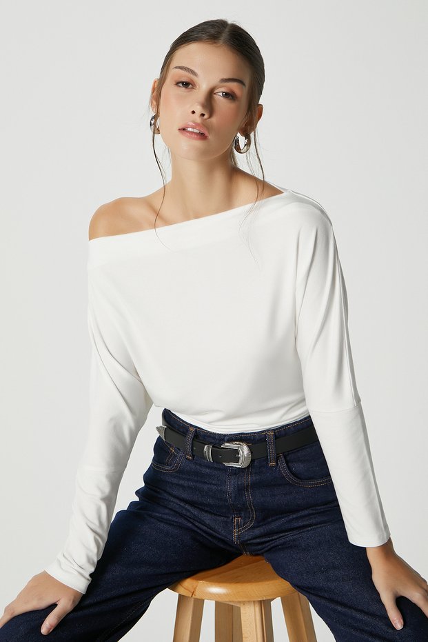 Women's Grace Asymmetrical Shoulder Detail Ecru Blouse