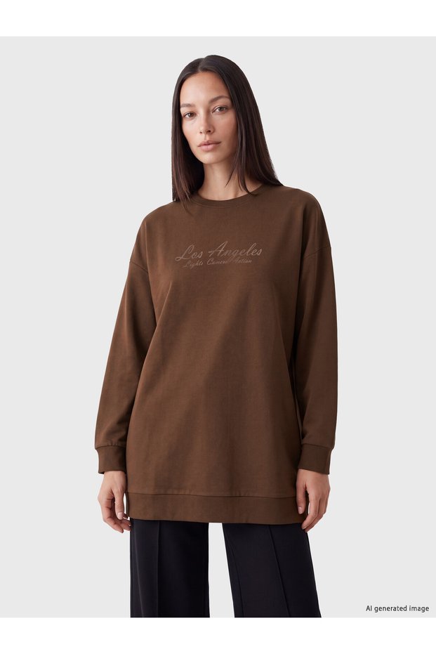 Ozmarka New Season Brown Printed Women's Sweatshirt Tunic