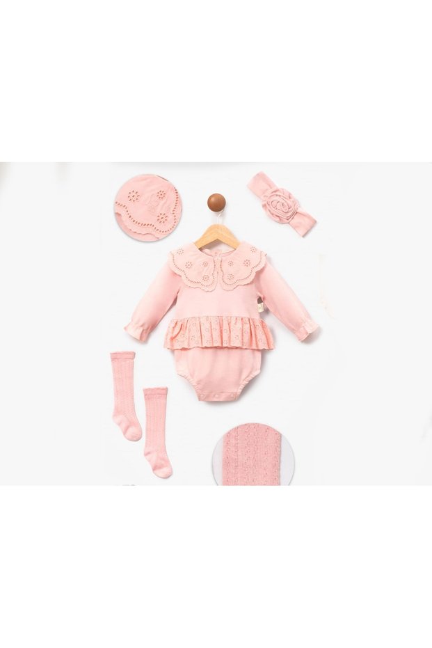 Eid Baby Girl Eyelet Embroidery Piece Romper Set with Socks and Bandana Newborn Jumpsuit Bodysuit - Dusty Rose