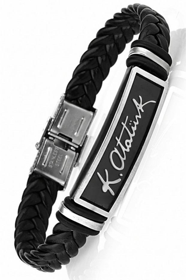 Ataturk Signed Leather Cord Steel Bracelet Scb23