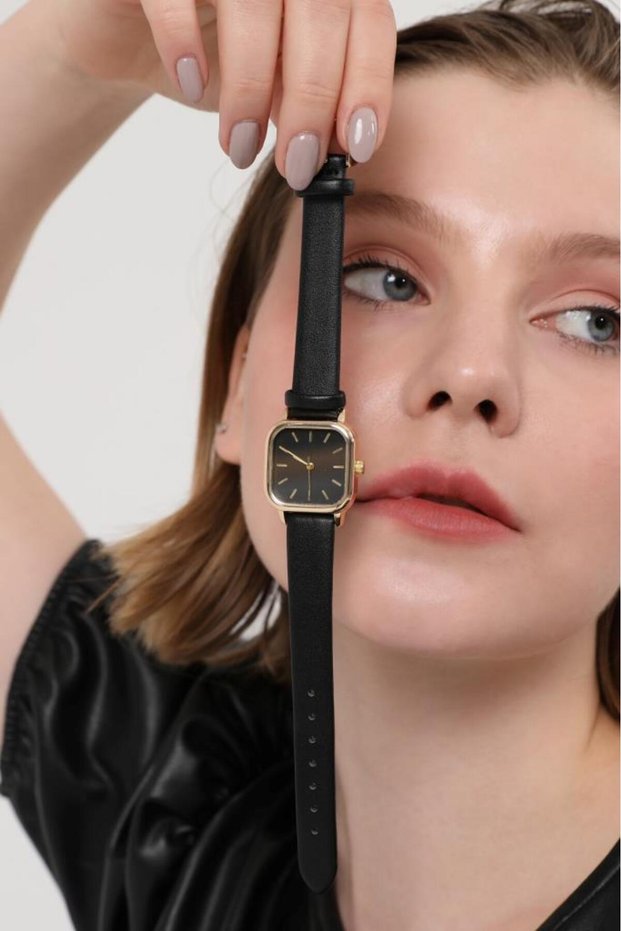 Perseph Gold Case Black Leather Cord Women Wrist Watch