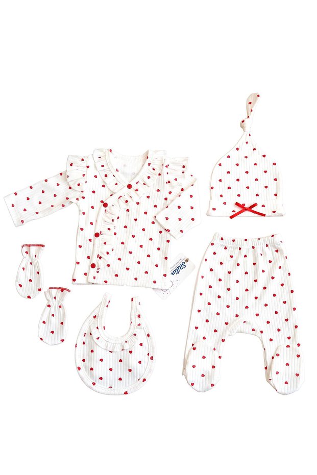 Baby Girl White Heart Luxury Fancy 5 Piece Hospital Release Newborn Set Stl6231