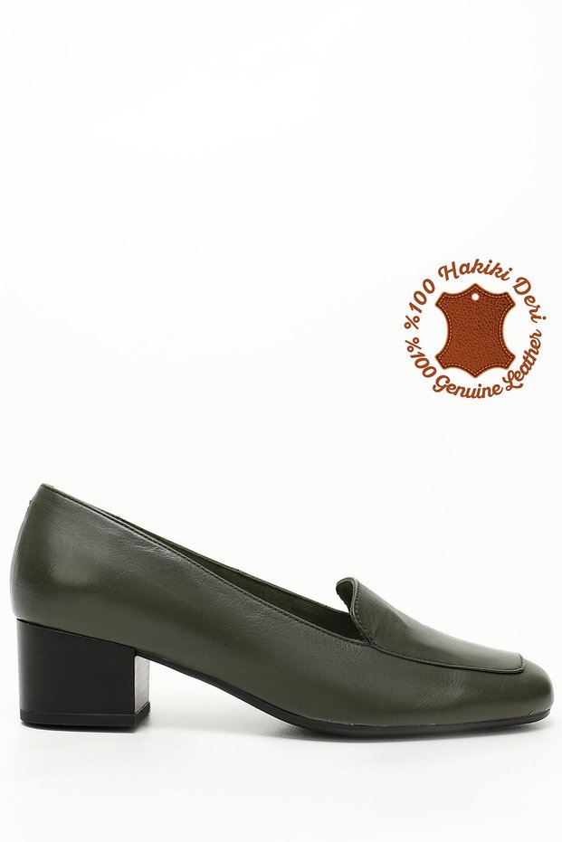 Women's Khaki Blunt Toe Short Thick Heeled Genuine Leather Shoes