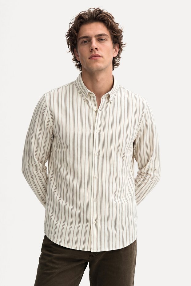 Men's White Striped Regular Fit Long Sleeve Shirt