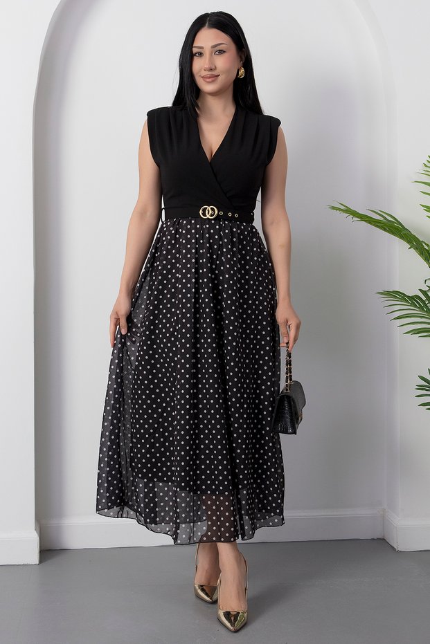 Double-Breasted Collar Belted Polka Dot Chiffon Dress Grs3911
