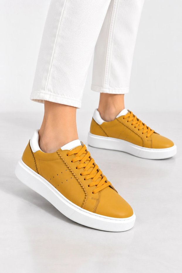 Nisha Women's Genuine Leather Sports Shoes - Mustard