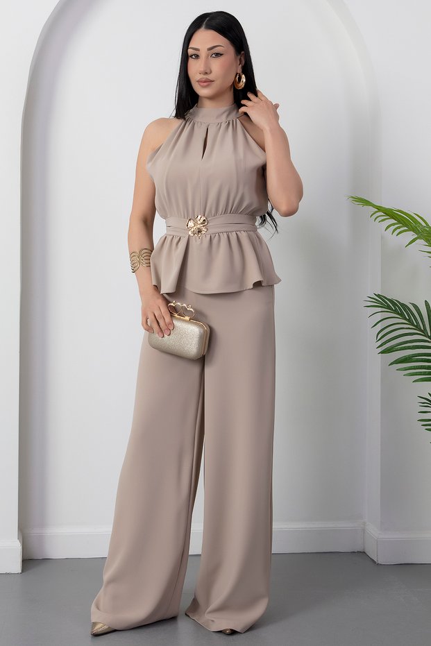 Halter Yaka Beli Tokalı Tulum GRS3944