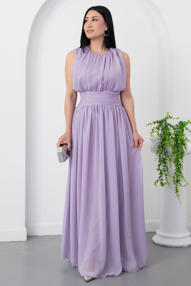 Crew Neck Waist Gathered Chiffon Dress K-261639