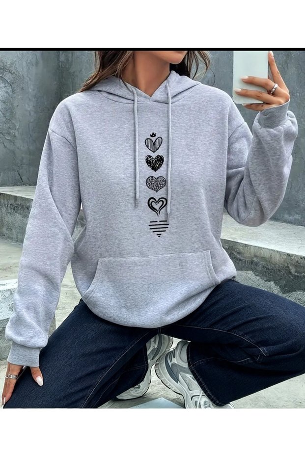 Thick Hearts Printed Gray Hooded Sweatshirt