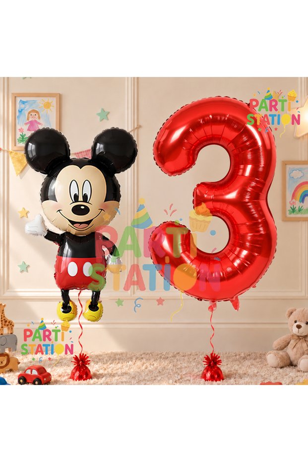 3 Year Old Birthday Mickey Mouse Balloon Set - Concept and Red Number Balloon