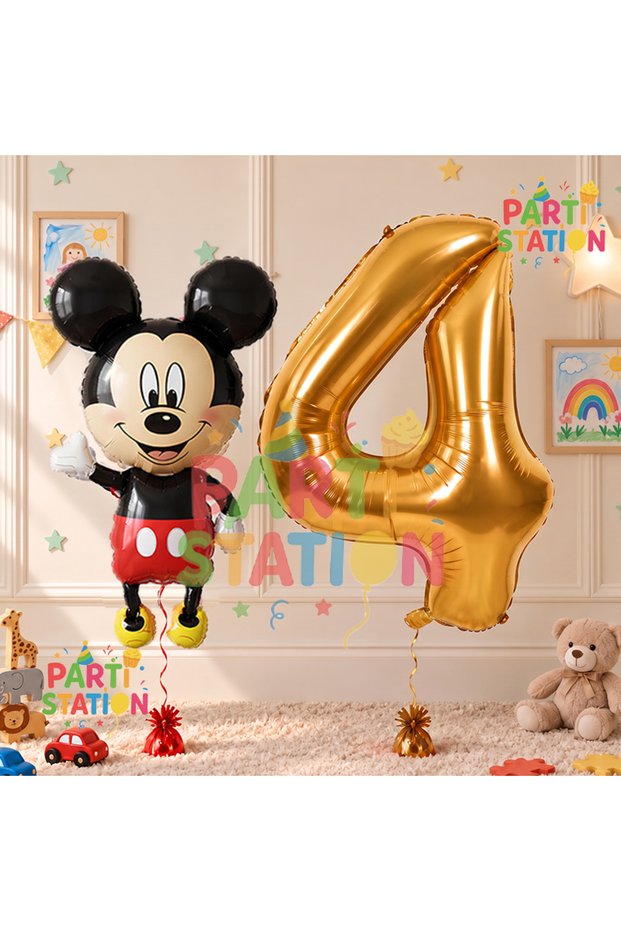 Mickey Mouse 4 Year Old Birthday Set - Concept Balloon and Gold Number Balloon