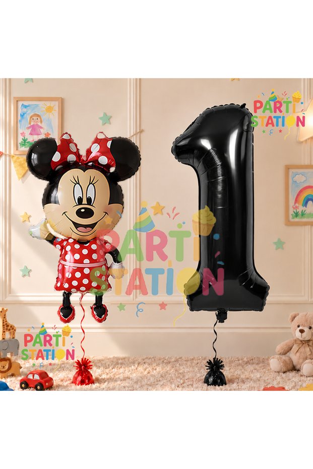 1 Year Old Minnie Mouse Birthday Set - Concept Black Number Balloon