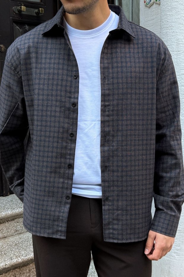 Yuan Oversize Fit 100% Cotton Men's Brown Plaid Shirt