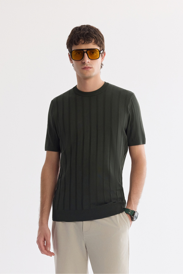 Men's Khaki Crew Neck Easy Ü Tulle Enen Anti-Wrinkle Regular Fit Knitwear T-Shirt A61Y5026