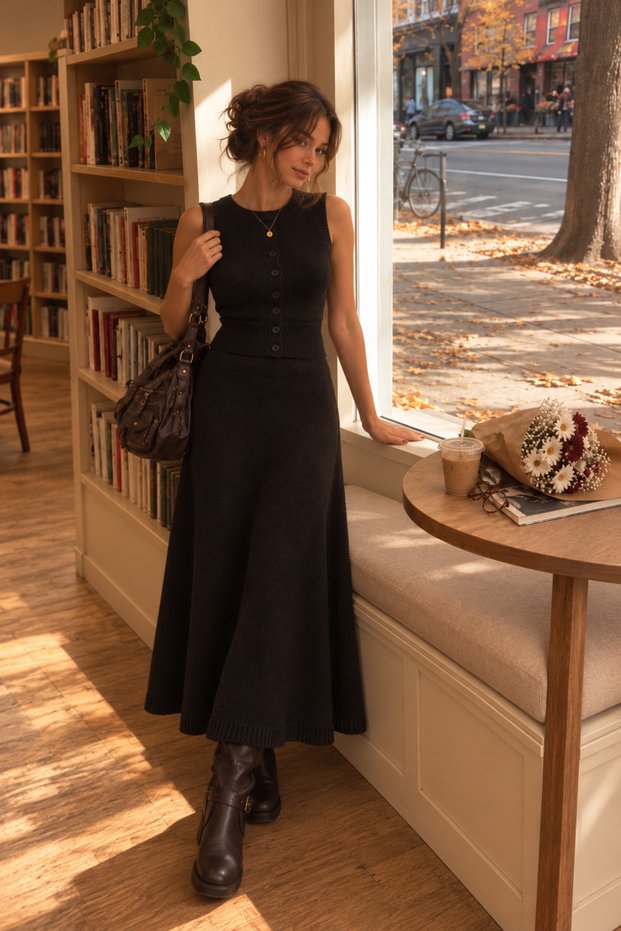 Women's Black Button Detailed Crew Neck Knitwear Vest and Long Skirt Two-Piece Set