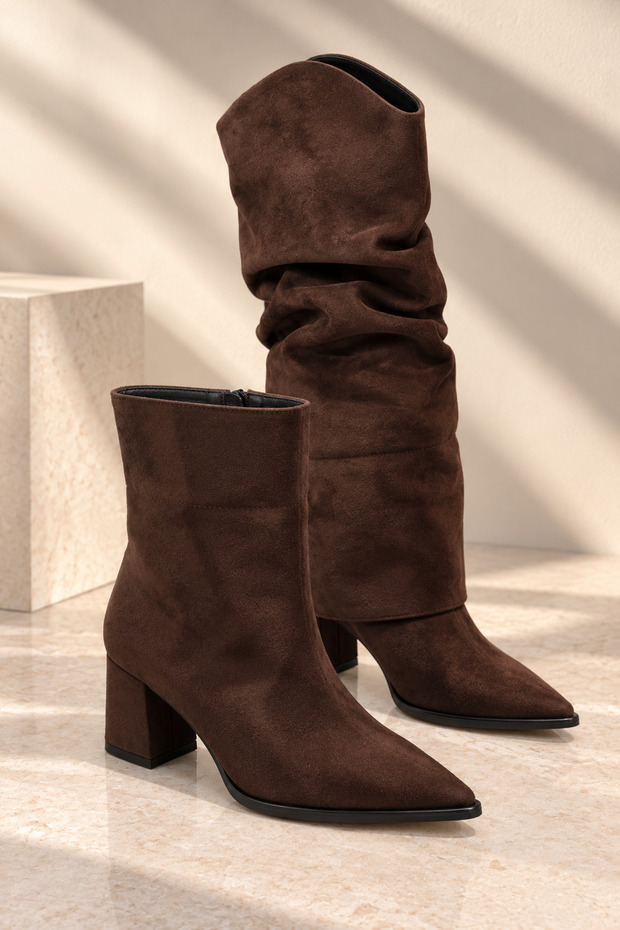 Women's Bitter Brown Suede Drawstring Detachable Boots