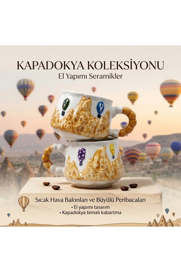 Capodokia and Hot Air Balloons Mug Set, 2D and 360 Degree Relief Pattern, 320 ml