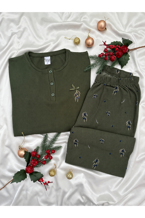 Khaki Olive Patterned Patched Long Sleeve Waffle Pajama Set