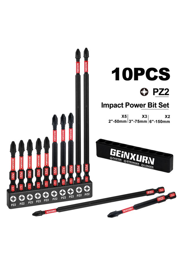 10PCS Geinxurn Pozidriv PZ2 Impact Tough Screwdriver Sets, S2 Alloy Steel Bit With Storage Organizer