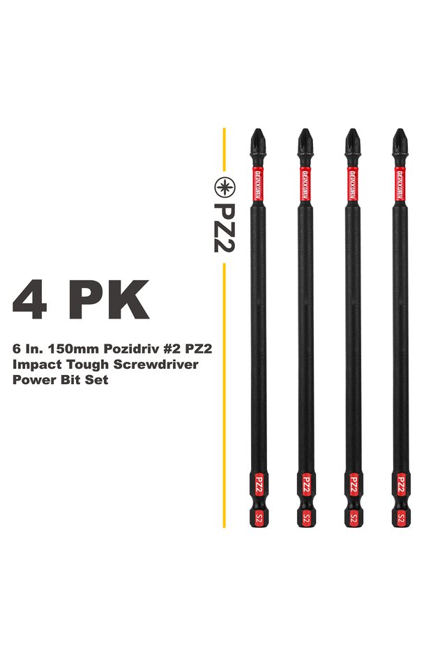 6Inches 4PCS Geinxurn 6-Inch Pozidriv #2 PZ2 Impact Tough Screwdriver Power Bit Set S2 Alloy Steel f