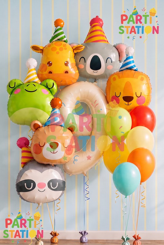 Safari Animals Concept 9-Year-Olds Cream Balloon Set 13-Piece Animal Balloon with Hat Birthday Set Lion Giraffe Frog Koala Bear Raccoon Balloon