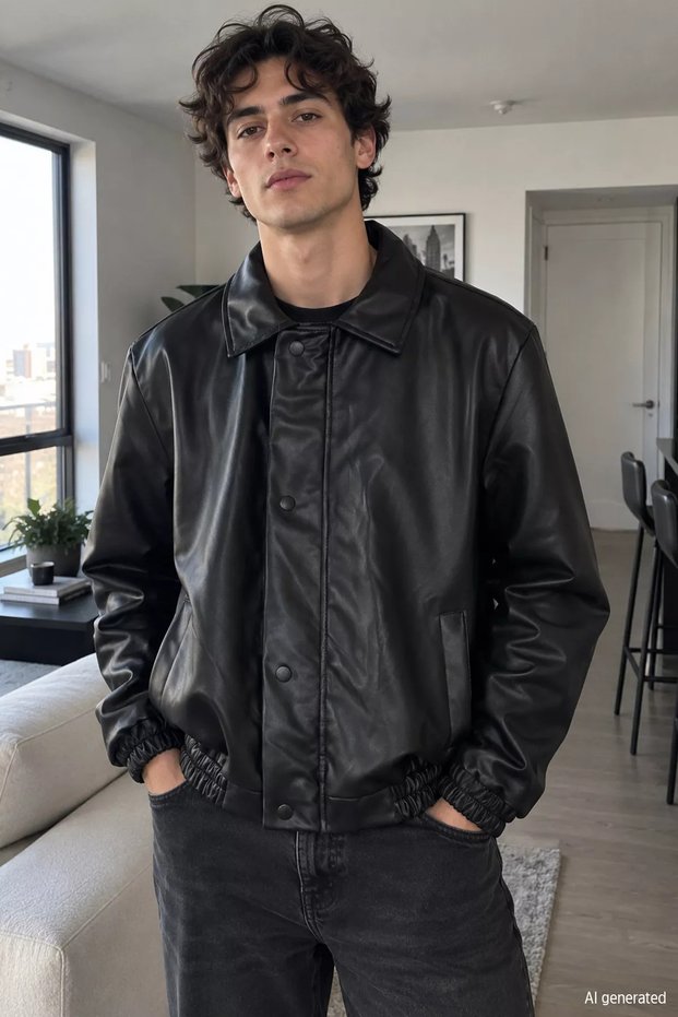 Men's Lined Zippered Faux Leather Coat
