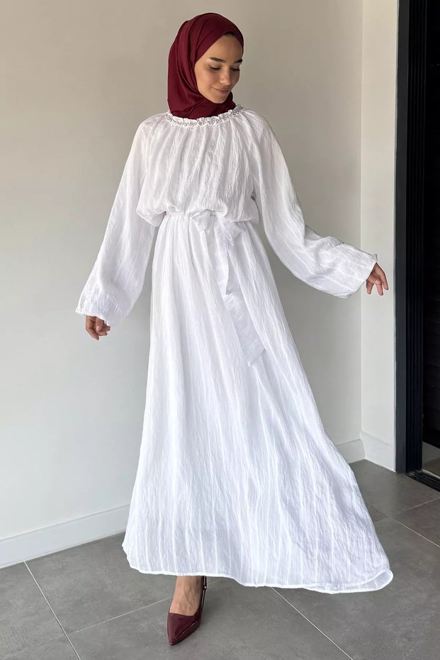 Stone Embellished Hijab Dress with Elastic Waist Belt Detail