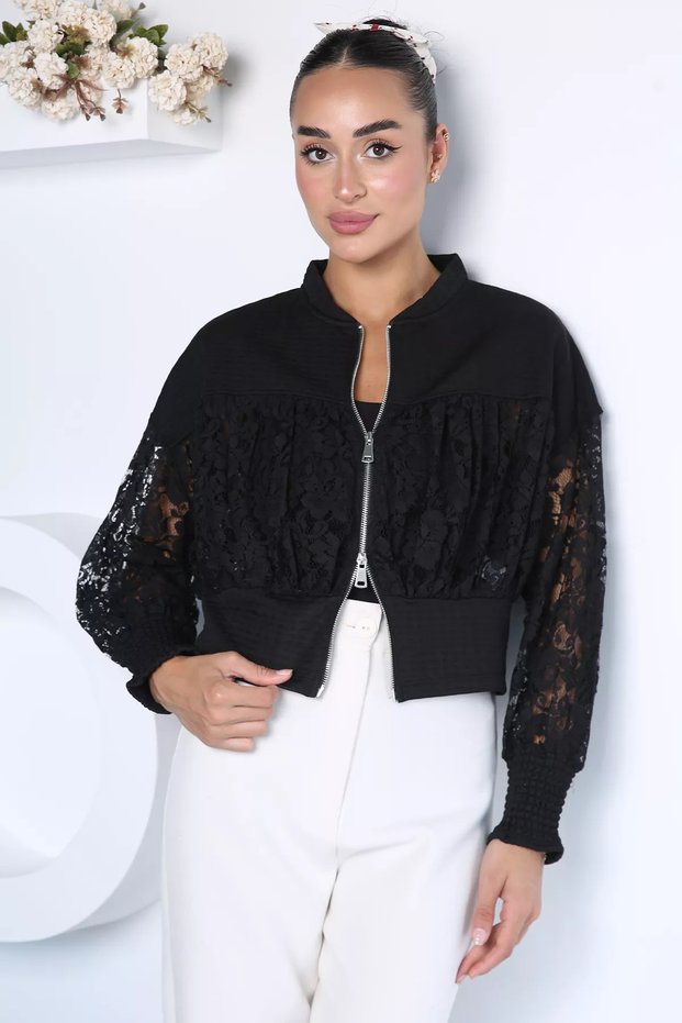 Women's Front Zipper Lace Crop Top Jacket