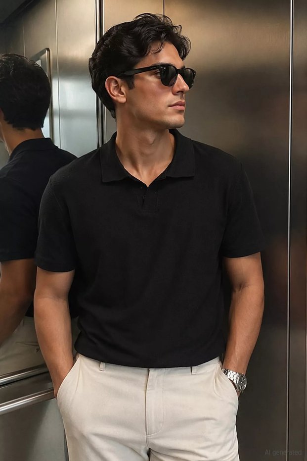 Polo Collar Self-Patterned Men's T-Shirt
