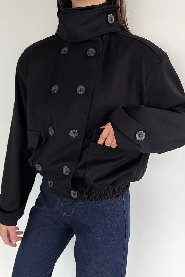 Women's Jacket with Elastic Waist and Sleeve Belt Detail and Double Pockets