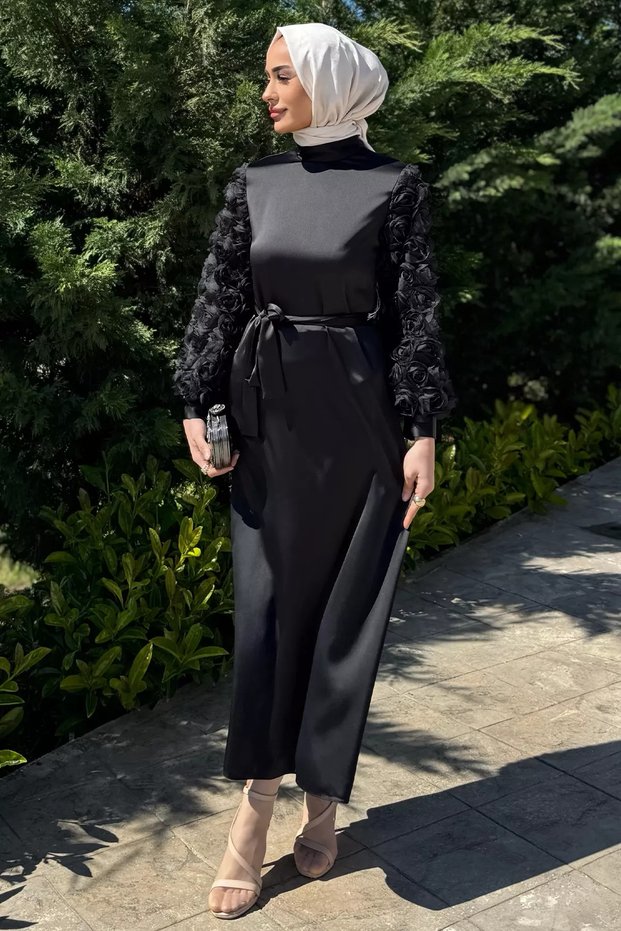Women's Satin Evening Dress with Rose Figures on the Sleeves and Waist Belt