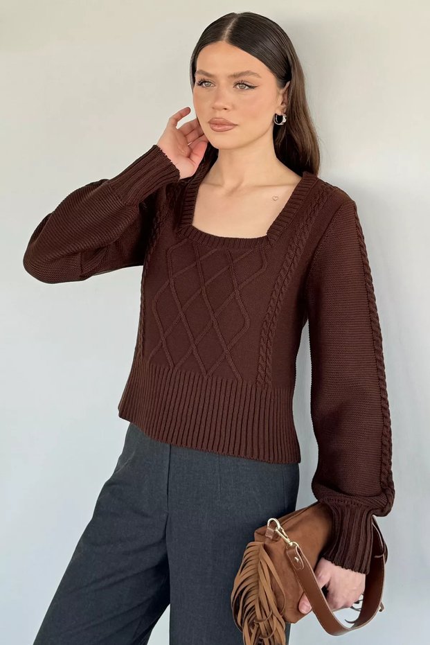 Gülseli Square Collar Knitted Patterned Women's Sweater