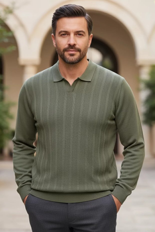 Men's Self-Patterned Polo Collar Knit Sweater
