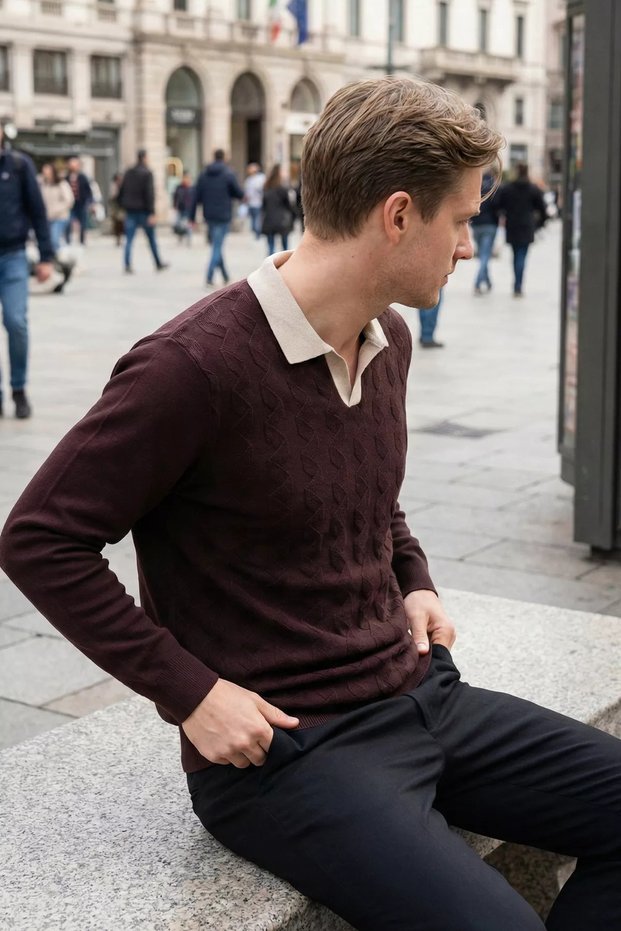 Self-Patterned Polo Collar Men's Knit Sweater