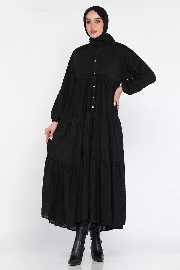 Women's Front Buttoned Ruffled Hijab Dress with Elasticated Ankles