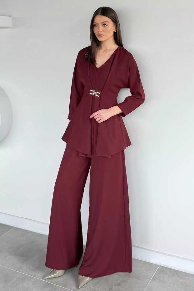 Women's V-Neck Gold Buckle Blouse Elastic Waist Palazzo Trousers Two-Piece Set