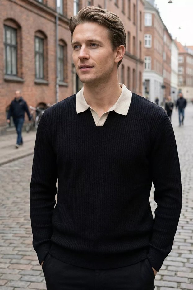 Men's Self-Patterned Polo Collar Knit Sweater