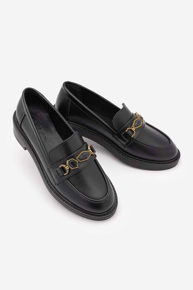 Women's Loafer Moccasin Buckle Stoned Classic Casual Shoes Egano Black