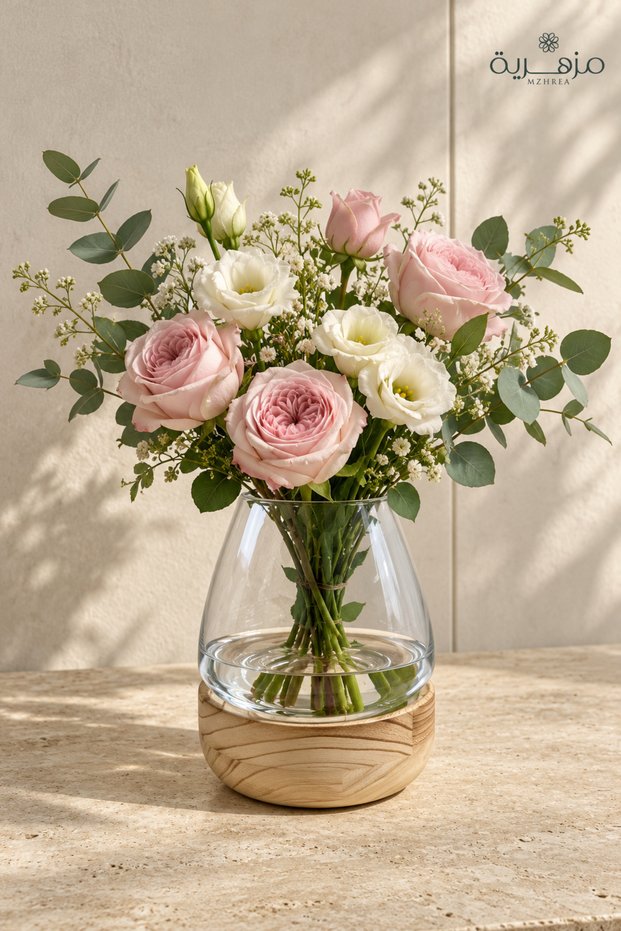 Glass vase with wooden base
