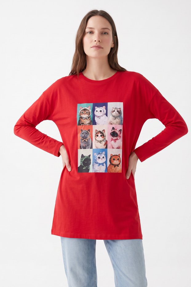Cat Printed Tunic 13230 - Red