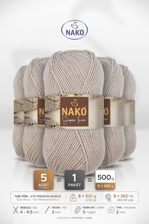 Super Pearl • Pink Gray (3079) • 5-Pack × 100 Gr / 260 m • Wool Blend Hand Knitting Yarn • Scarf, Vest, Sweater