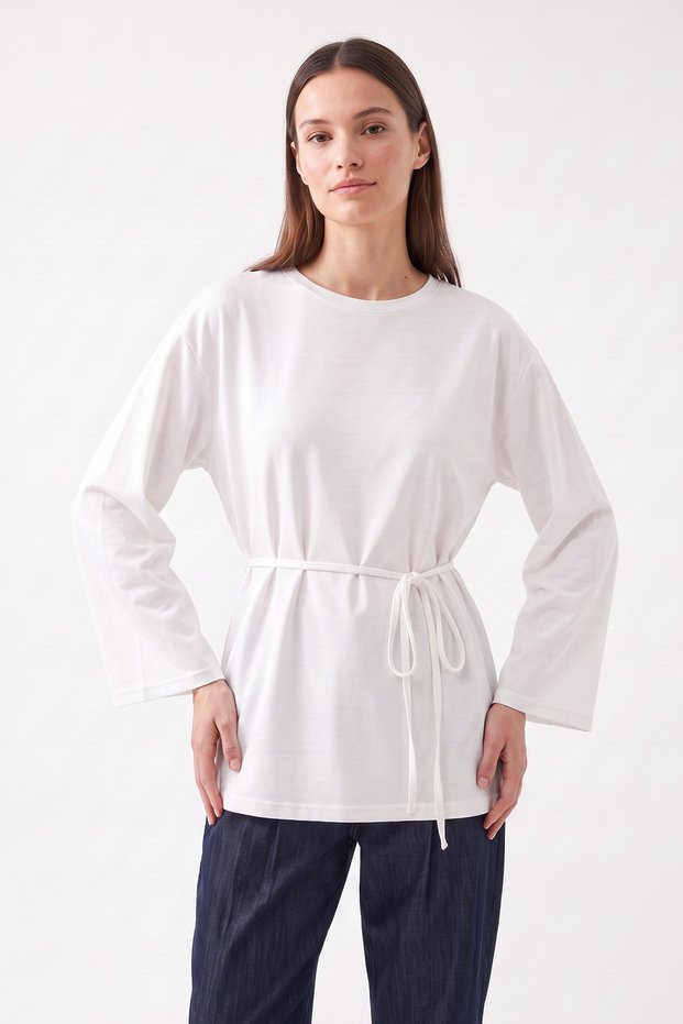 Lace-Up Combed Cotton Blouse 13071 - White