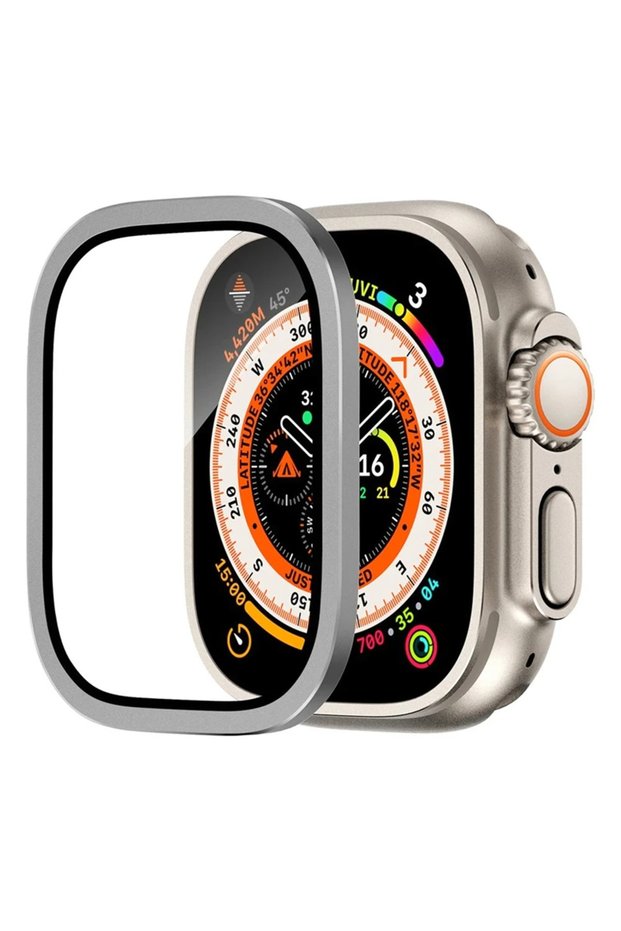For Ultra 2 49mm Silver Tempered Glass for Apple Watch Ultra 49mm Titanium Metal Frame Anti-Scratch