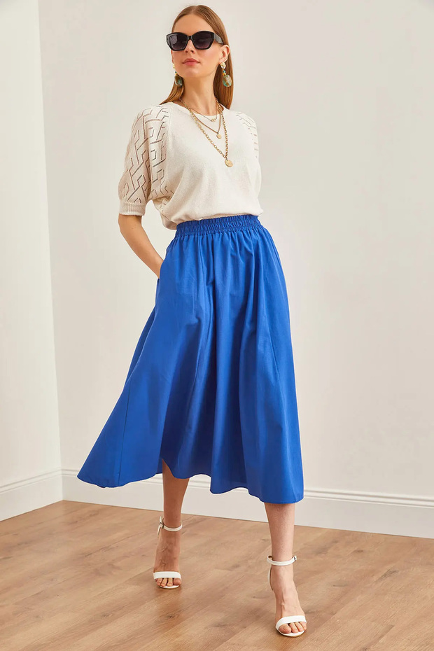 Women's Cobalt Blue Pocket Elastic Waist Midi Woven Bell Skirt Etk- 19000271