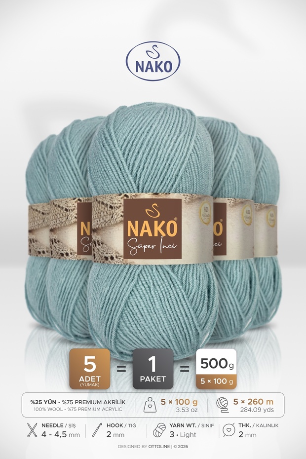 Super Pearl • Mint Green (2524)• 5-Pack × 100 Gr / 260 m • Wool Blend Hand Knitting Yarn • Scarf, Vest, Sweater