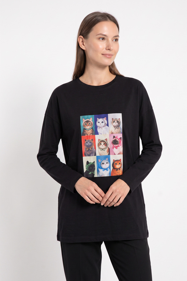 Cat Printed Tunic 13230 - Black