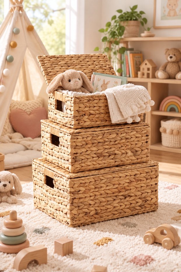 Wicker Water Hyacinth Rectangular Organizer/Basket/Organizer with 3 Lid