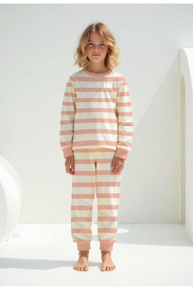 Girl's 100% cotton pajama set, powder pink striped design.