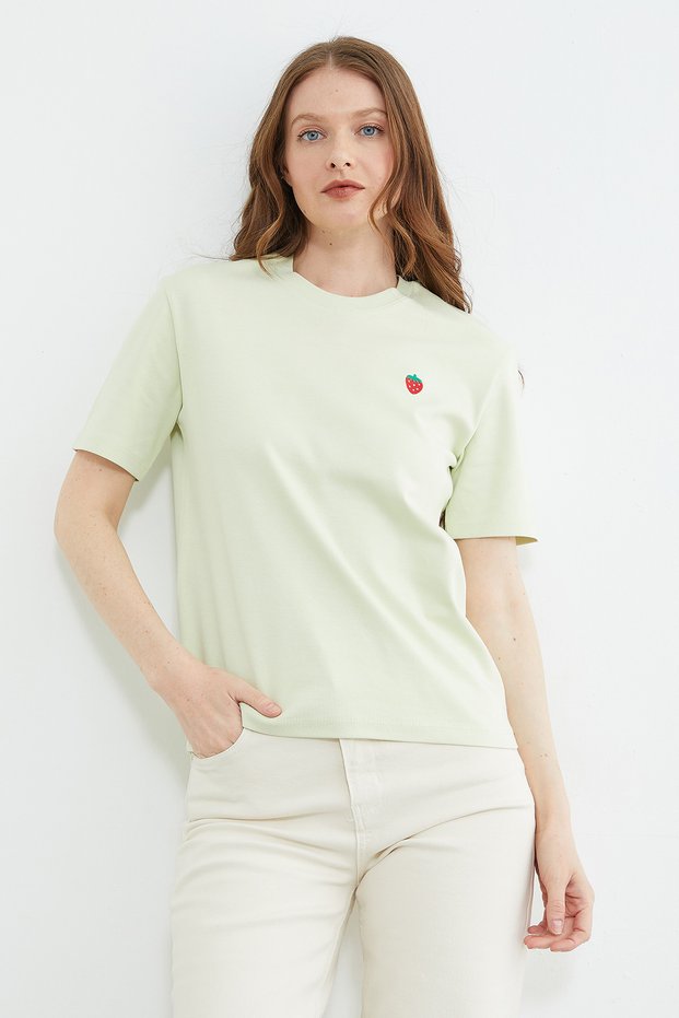 Strawberry Embroidered Crew Neck T-Shirt