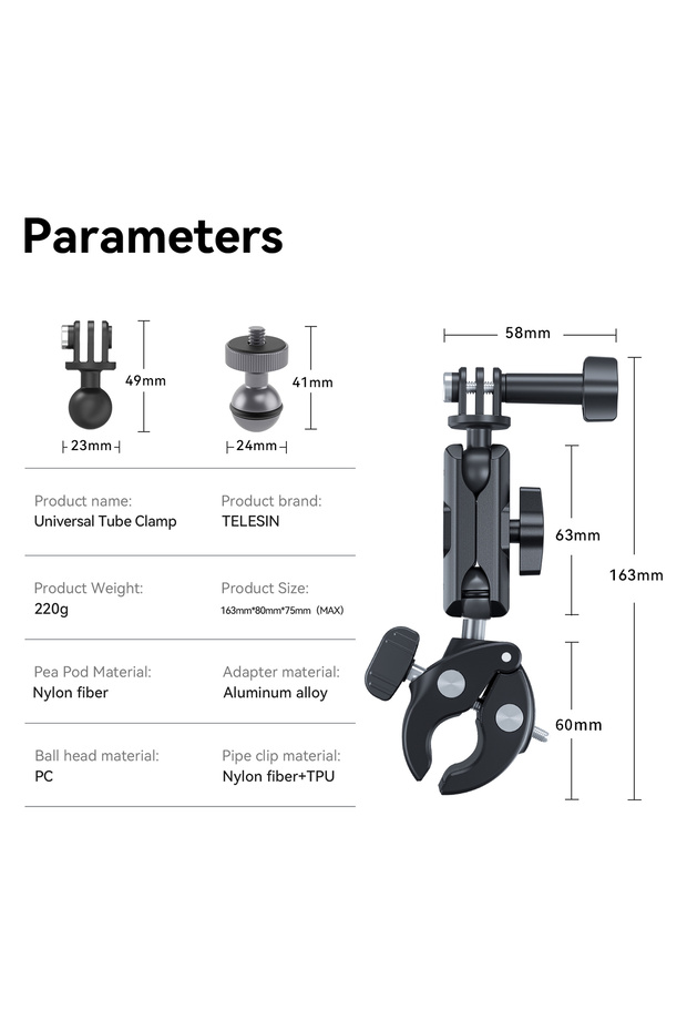 Plastic Version TELESIN Camera Clamp Mount Bike Motorcycle Handlebar Aluminum Alloy Super Clamp Hold